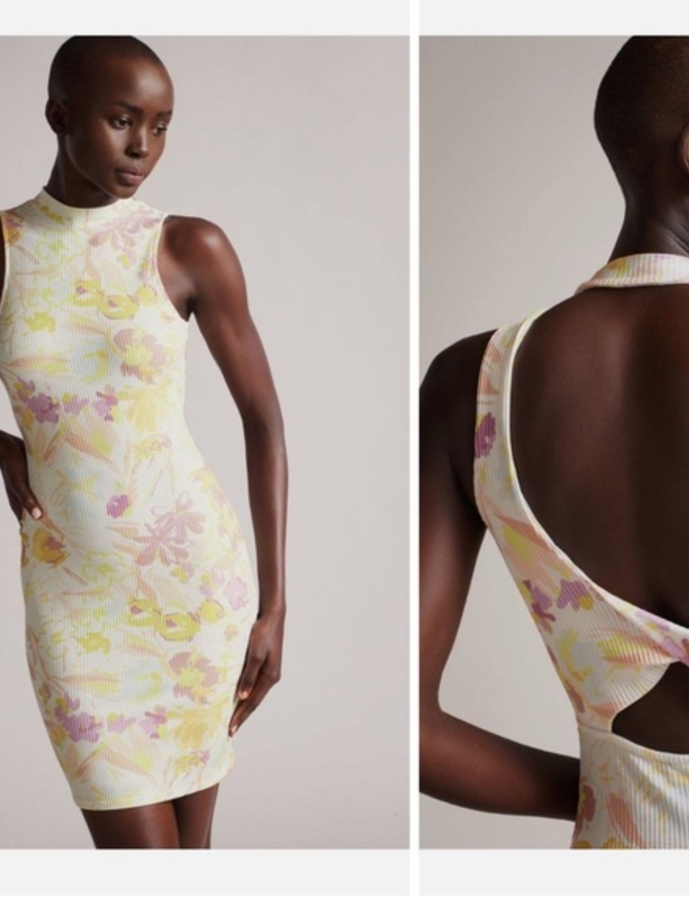 Ted Baker Pastel Floral Ribbed Mock-Neck Midi Dress cut out size 4 ted =  Usa L